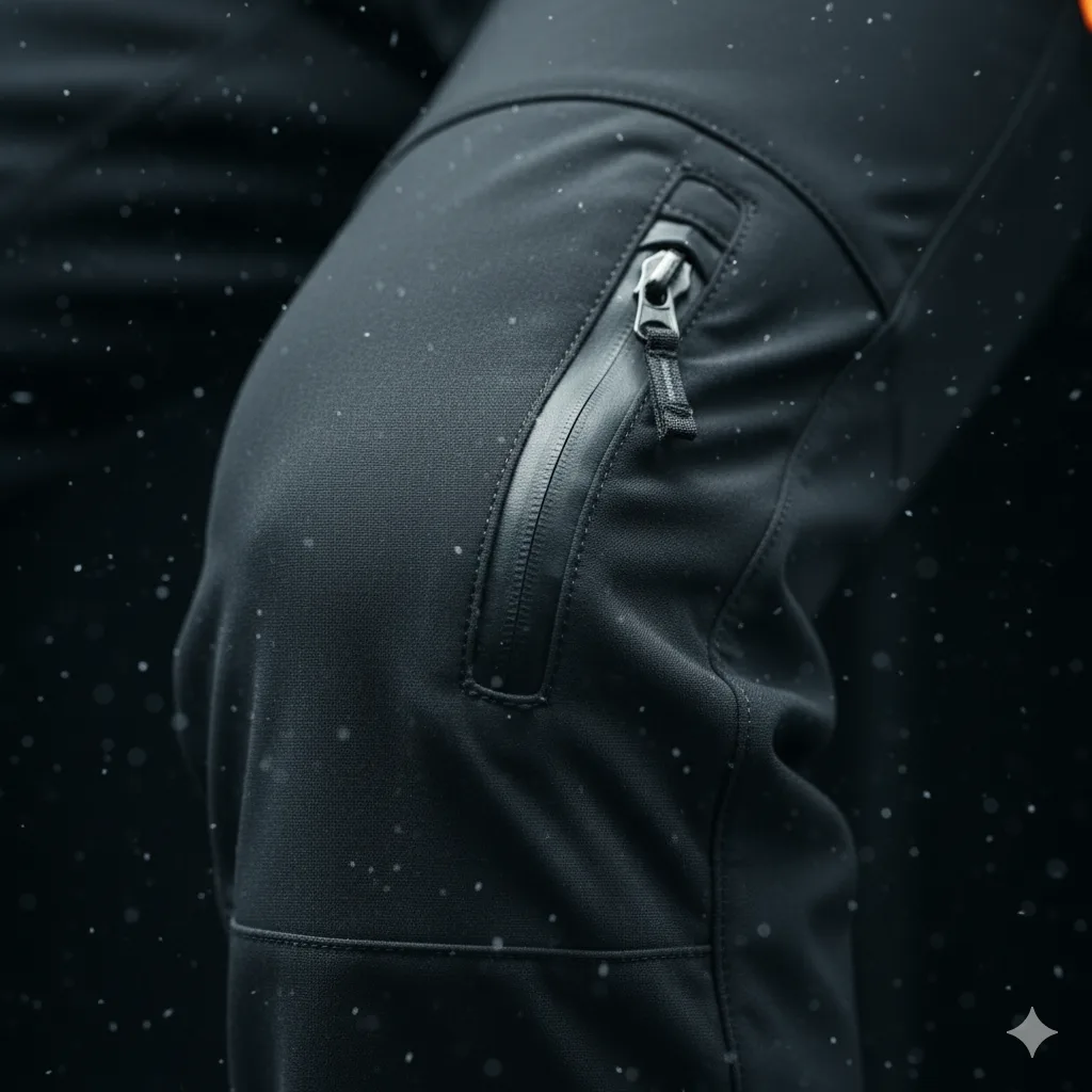 Gros plan sul tessuto tecnico e sul ginocchio preformato di un pantalone da trekking