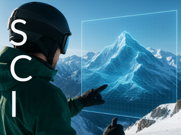 Skieur en tenue de sport d’hiver utilisant un écran holographique 3D de montagne enneigée, technologie et cartographie en haute altitude.