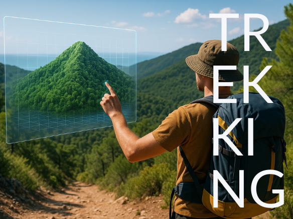 Randonneur avec sac à dos utilisant un écran holographique de carte topographique 3D en montagne, sur un sentier forestier avec vue sur la mer, technologie et nature en harmonie.