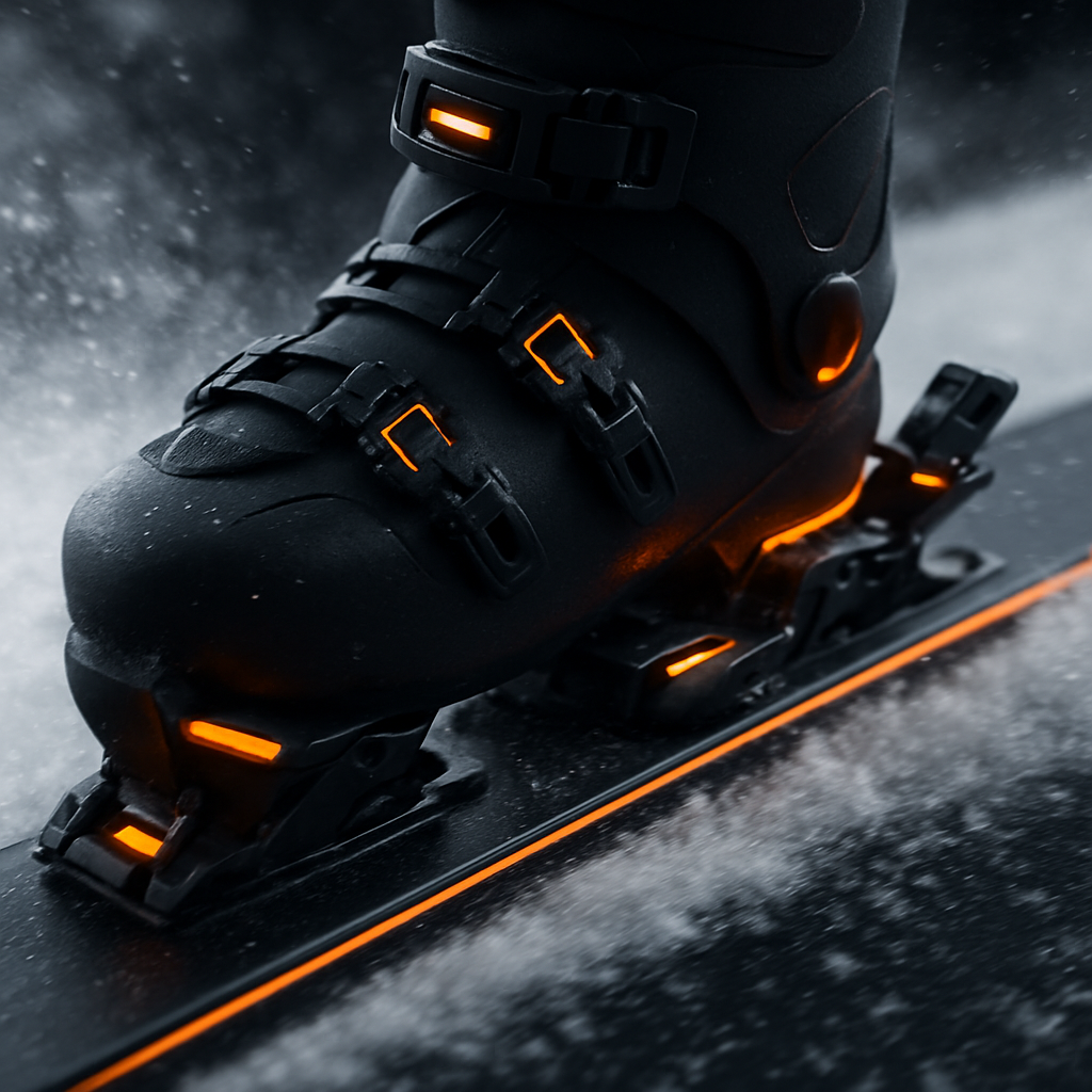 Chaussure de ski noire fixée à une planche avec attaches orange lumineuses, glissant sur la neige.