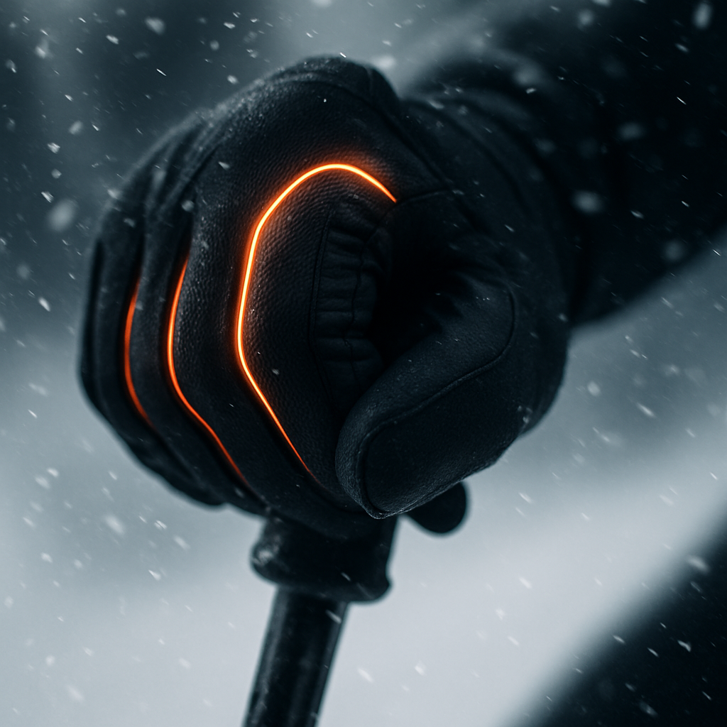 Gant de ski technologique noir avec liserés lumineux orange, tenant un bâton dans la neige par temps hivernal.