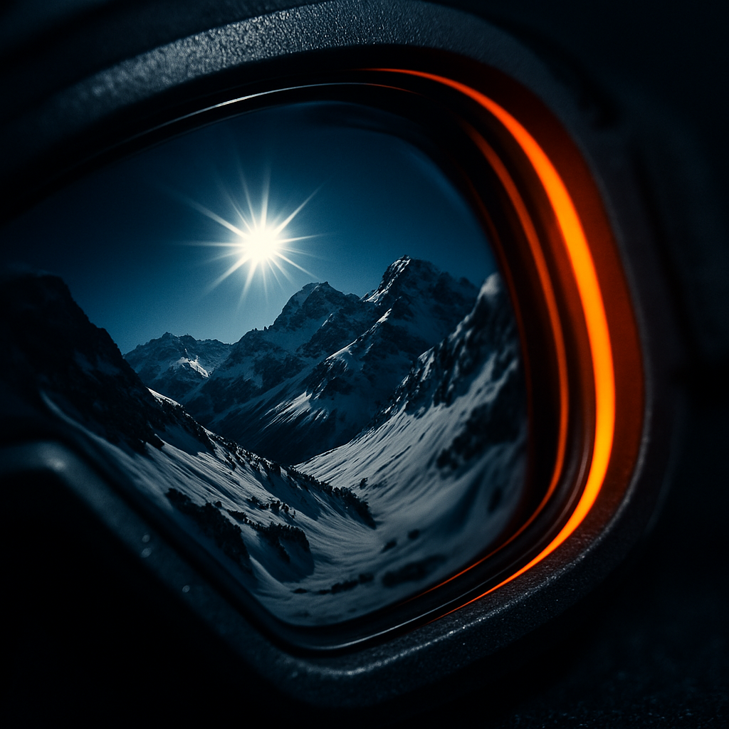Vue des montagnes enneigées et du soleil reflétée dans un masque de ski noir avec contours orange lumineux.